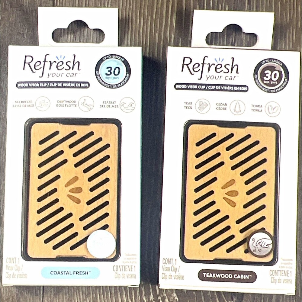 2 Refresh Your Car! Wood Visor Clip Air Freshener, Coastal Fresh/Teakwood cabin